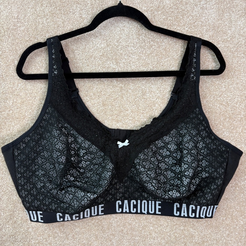 CACIQUE Bra Womens 44DDD Black Unlined Full Coverage No-Wire Lace Logo Band